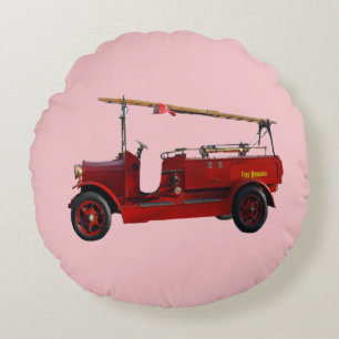 Rotes Vintage-Feuerwehrfahrzeug mit Überkopfleiter Rundes Kissen