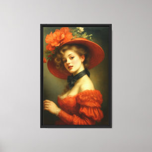 Rotes Vintage-Lady mit floralem Hut Leinwand-Wandk Leinwanddruck