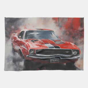 Rotes Vintage-Muscle-Car mit silbernem Streifen Geschirrtuch