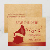 Rotes Vintages Gramophon Save the Date Postkarte (Vorne/Hinten)