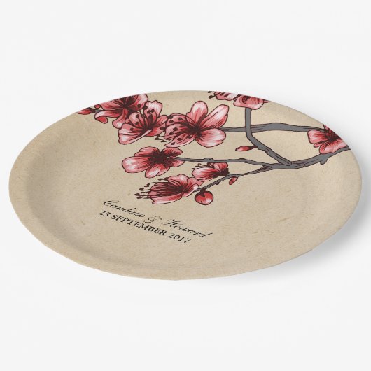 Rotes Vintages Kirschblütenpapier Teller (Schrägansicht)
