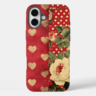 Rotes Vintages Shabby Chic Dots Hearts Florals Mix iPhone 16 Plus Hülle
