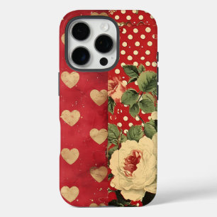 Rotes Vintages Shabby Chic Dots Hearts Florals Mix iPhone 16 Pro Hülle