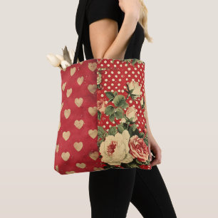 Rotes Vintages Shabby Chic Dots Hearts Florals Mix Tasche