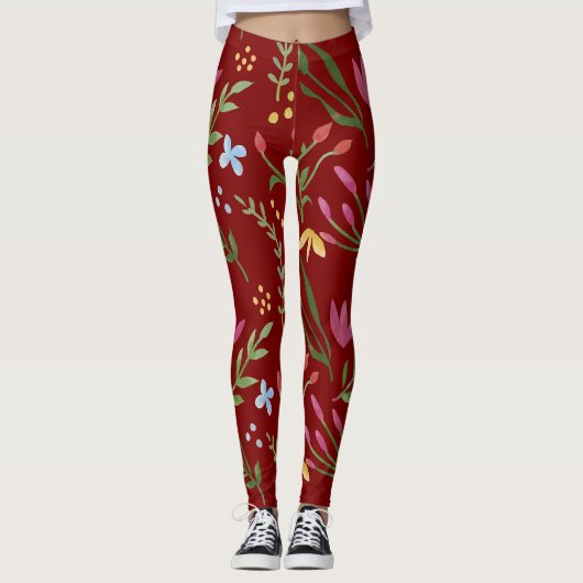 Rotes Wasser Farbe Blütenschwarz Rosa Blau Gelb Leggings (Vorderseite)
