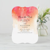 Rotes Wasser Save the Date. Peach Hochzeit modern Date (Stehend Vorderseite)