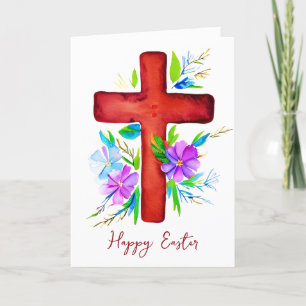 Rotes Wasserfarbenkreuz und Blumen benutzerdefinie Feiertagskarte