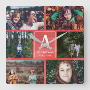 Rotes Watercolor-Familien-Monogramm u. Quadratische Wanduhr