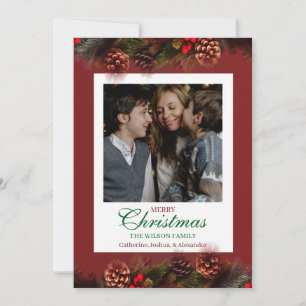 Rotes Weihnachts-Fotogrußkarte mit Kiefernschleife Feiertagskarte