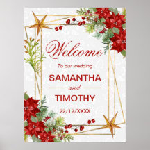 Rotes Weihnachts-Willkommensschild mit Poinsettie