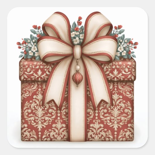 Rotes Weihnachtsgeschenk Quadratischer Aufkleber (Vorderseite)