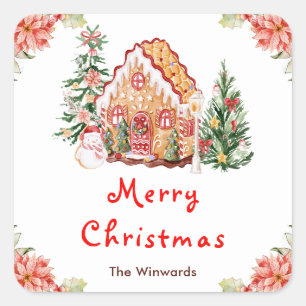 Rotes Weihnachtshaus Frohe Weihnachten Quadratischer Aufkleber