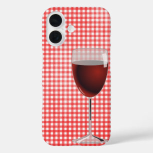 Rotes Weinglas auf Gingham iPhone 16 Hülle