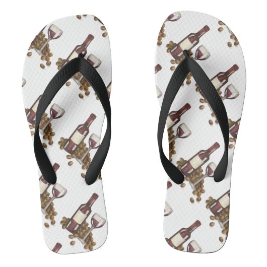 Rotes Weinglas, Flasche und Trauben Flip Flops Badesandalen (Fußbett)