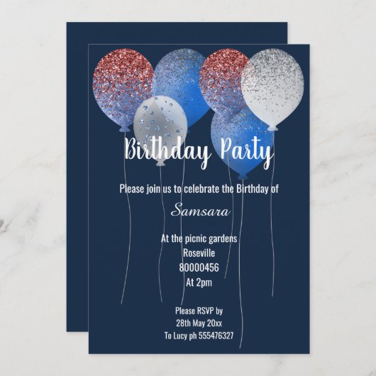 ROTES WEISS & NAVY BLAUE BIRTHDAY BALLOON EINLADUNG (Vorne/Hinten)