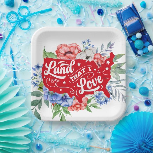 Rotes Weiß und Blau Blumen Land, dass ich Liebe Pappteller (Party)
