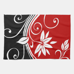 Rotes Weiß und Schwarze Blüten Geschirrtuch