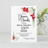 Rotes weißes Blumendinner und Getränke zum 100. Ge Einladung (Stehend Vorderseite)