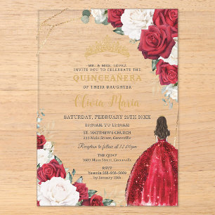 Rotes weißes Blumenprinzessinnenkleid Gold Quincea Acryleinladungen