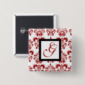ROTES WEISSES DAMASK SCHWARZES SQUARE-MONOGRAMM BUTTON (Vorne & Hinten)