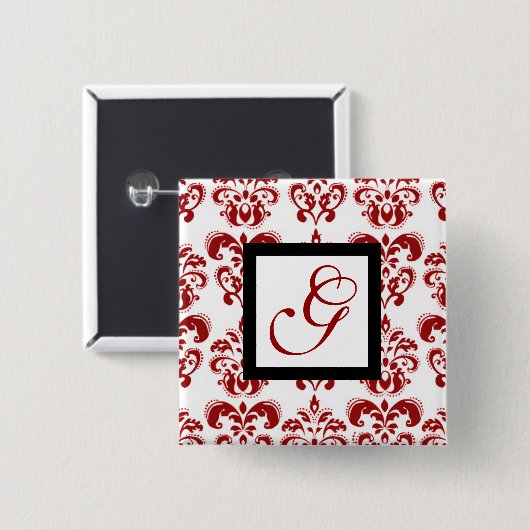 ROTES WEISSES DAMASK SCHWARZES SQUARE-MONOGRAMM BUTTON (Vorne & Hinten)