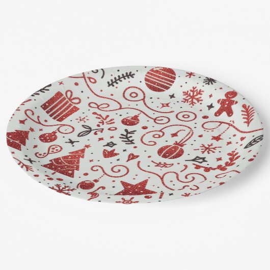 Rotes weißes Dekorationspapier Pappteller (Schrägansicht)