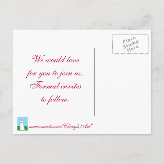 Rotes weißes Hochzeitskleid, das Datum der Postkar Ankündigungspostkarte (Rückseite)