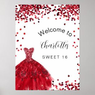 Rotes weißes Kleid Sweet 16 Party Willkommen Poster