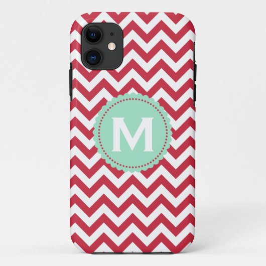 Rotes weißes Monogramm-Zickzack Muster Case-Mate iPhone Hülle (Rückseite)