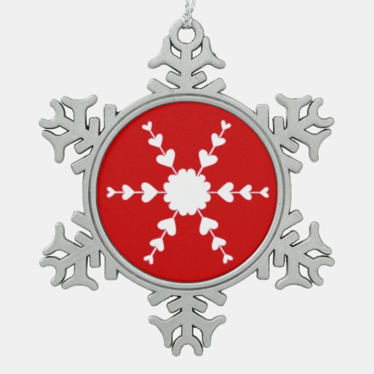 Rotes weißes Schneeflocken Schneeflocken Zinn-Ornament (Vorderseite)