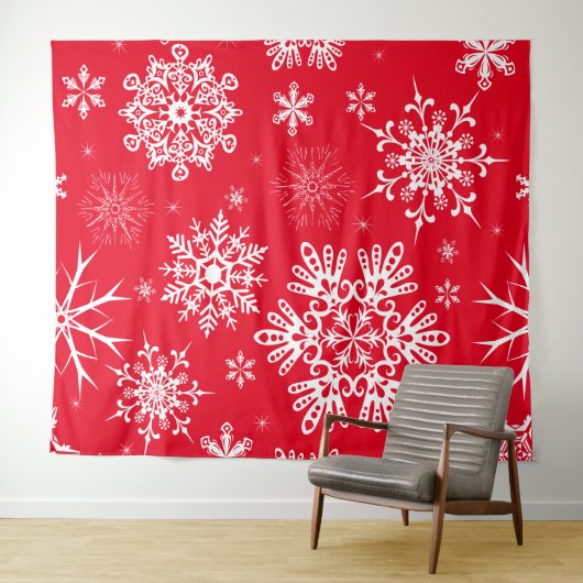 Rotes weißes Schneeflockenmuster Weihnachtsjubeln Wandteppich (Beispiel (Horizontal))