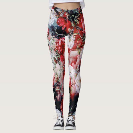Rotes weißes schwarzes mit Blumenyoga der Leggings (Vorderseite)