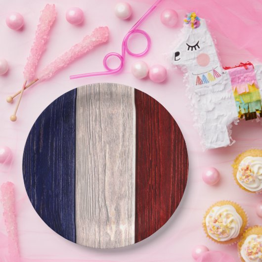 Rotes, weißes und blau gestreiftes Holz Pappteller (Party)