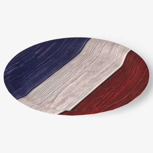 Rotes, weißes und blau gestreiftes Holz Pappteller (Schrägansicht)