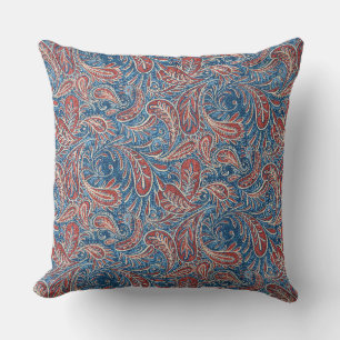 Rotes, weißes und blaues Imitat-Denim Paisleys Kissen