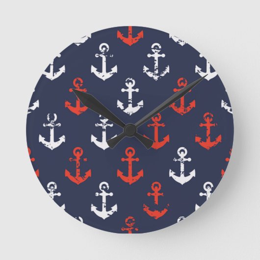 Rotes weißes und blaues Marine-Muster Runde Wanduhr (Vorderseite)