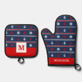 rotes weißes und blaues Nautikmuster Ofenhandschuh & Topflappen-Set (Vorderseite)