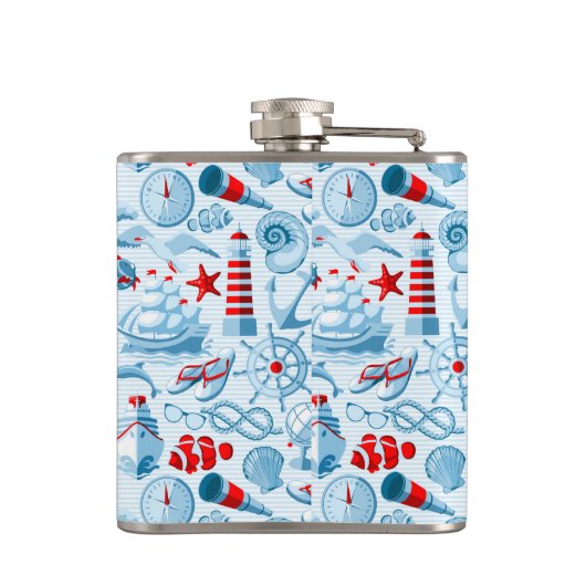 Rotes weißes und blaues nautischmuster flachmann (Rückseite)