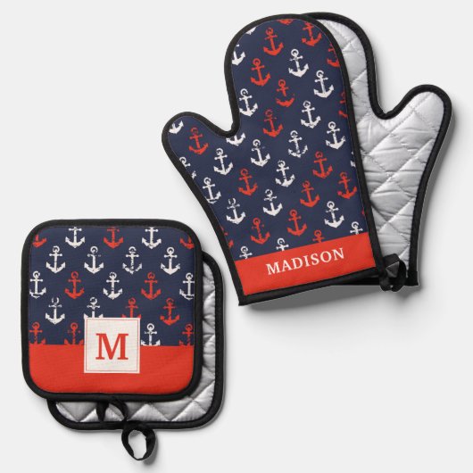 rotes, weißes und blaues Navy-Muster Ofenhandschuh & Topflappen-Set (Vorderseite/Rückseite)