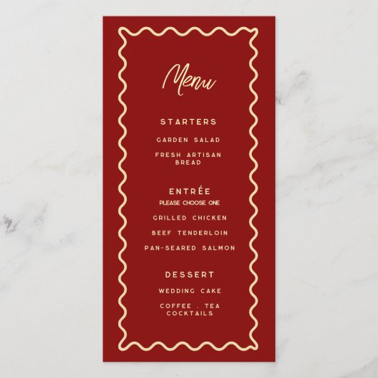 Rotes Whimsical Retro-Elegantes Hochzeitsmenü (Vorderseite)