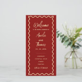 Rotes Whimsical Retro-Elegantes Hochzeitsprogramm- (Stehend Vorderseite)
