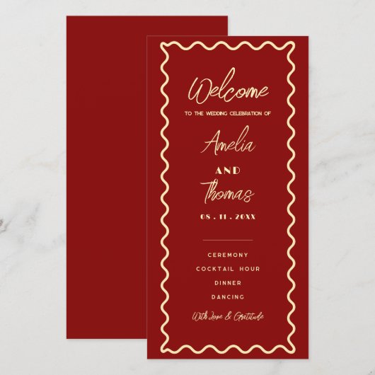 Rotes Whimsical Retro-Elegantes Hochzeitsprogramm- (Vorne/Hinten)