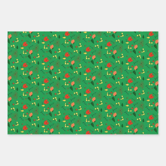 Rotes Wildblume-Packpapier mit grünem Muster Geschenkpapier Set (Vorderseite)