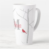 Rotes Wintervogel-Waldbaum-Rustikales Monogramm Milchtasse (Rechte Ecke)