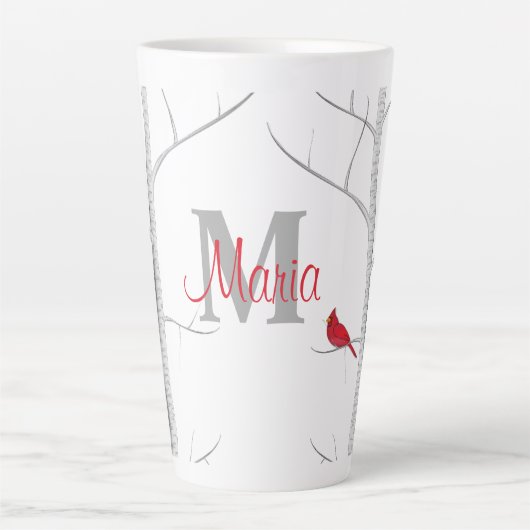 Rotes Wintervogel-Waldbaum-Rustikales Monogramm Milchtasse (Vorderseite)