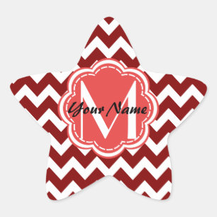 Rotes Zickzack florales Monogramm, Personalisierte Stern-Aufkleber