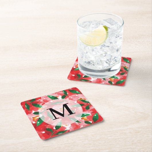 Rotflorenmonogramm Rechteckiger Pappuntersetzer (Vor Ort)