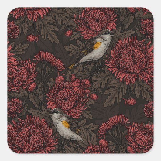 Rotfrüchte in den Chrysanthemen in braun und rot Quadratischer Aufkleber (Vorderseite)