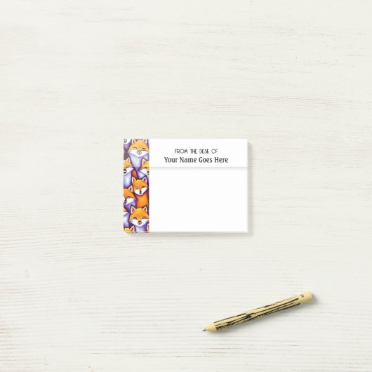 Rotfuchs-Cartoon-Doodle-Collage vom Schreibtisch d Post-it Klebezettel (Auf Schreibtisch)