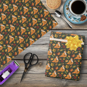 Rotfuchs Herbstlaub Eicheln Grüner Muster Geschenkpapier